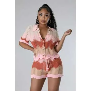 Molilove Lounge Knitted Shorts Set Women 2 Piece Summer Button Color Block Two Piece Outfits Biker S...