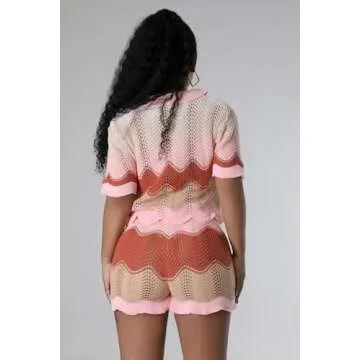 Molilove Lounge Knitted Shorts Set Women 2 Piece Summer Button Color Block Two Piece Outfits Biker Shorts Set Y2k Beach