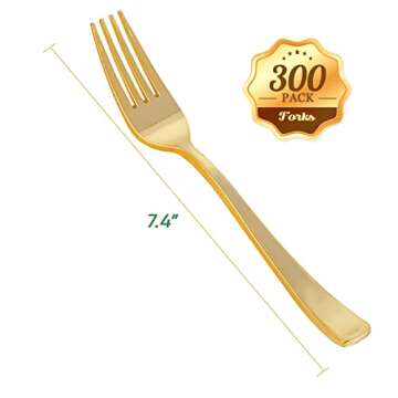 FOCUSLINE 300 Pack Elegant Gold Disposable Plastic Forks for Parties and Events
