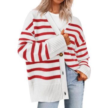 PRETTYGARDEN Women's Long Sleeve Striped Open Front Cardigan Sweaters Button Down Knit Lady Jackets 2024 Fall Outfits (Striped White Red, Small)