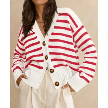 PRETTYGARDEN Women's Long Sleeve Striped Open Front Cardigan Sweaters Button Down Knit Lady Jackets 2024 Fall Outfits (Striped White Red, Small)