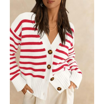 PRETTYGARDEN Women's Long Sleeve Striped Open Front Cardigan Sweaters Button Down Knit Lady Jackets 2024 Fall Outfits (Striped White Red, Small)