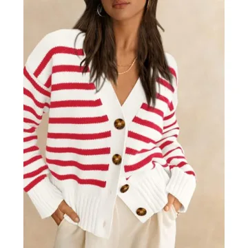 PRETTYGARDEN Women's Long Sleeve Striped Open Front Cardigan Sweaters Button Down Knit Lady Jackets 2024 Fall Outfits (Striped White Red, Small)