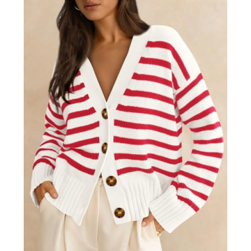 PRETTYGARDEN Women's Long Sleeve Striped Open Front Cardigan Sweaters Button Down Knit Lady Jackets 2024 Fall Outfits (Striped White Red, Small)