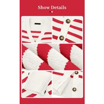 PRETTYGARDEN Women's Long Sleeve Striped Open Front Cardigan Sweaters Button Down Knit Lady Jackets 2024 Fall Outfits (Striped White Red, Small)