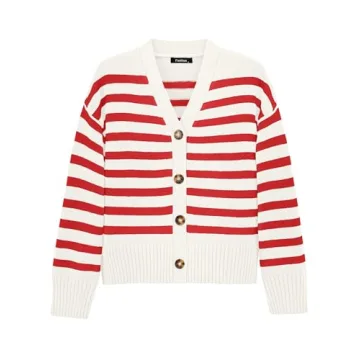 PRETTYGARDEN Women's Long Sleeve Striped Open Front Cardigan Sweaters Button Down Knit Lady Jackets 2024 Fall Outfits (Striped White Red, Small)