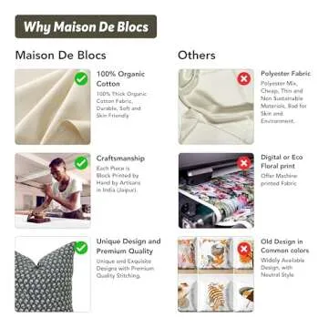 Handmade Block Print 100% Thick Cotton 20" x 20" Accent Throw Cushion Cover with Zipper - Pillowcase for Bedroom, livingroom, Couch, Sofa, Outdoor, Chair, Bed, Home Décor- Amelie (Beige)