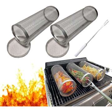 BBQ Net Tube 2 Pack, 12 Inch Rolling Grilling Basket, Non-Stick Barbecue Basket Rotisserie, Grill Tool with Removable Mesh Cover, Grilling Accessories Gifts for Men Dad（7.8x3.54x3.54)