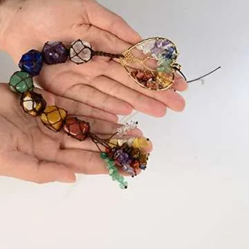 Cute Handmade Crystal Chakra Swinging Hanging Ornaments Mirror Hanging Car Accessories Tree of Life Stone Tree Feng Shui Window Ornament for Home Decor