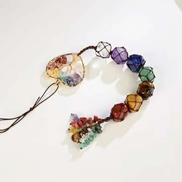 Cute Handmade Crystal Chakra Swinging Hanging Ornaments Mirror Hanging Car Accessories Tree of Life Stone Tree Feng Shui Window Ornament for Home Decor