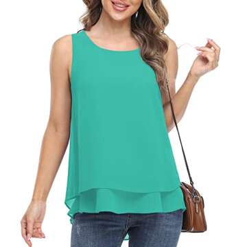 Jouica Blouses for Women Casual Summer Chiffon Sleeveless Blouses Tops Loose Flowy Dressy Tank Top,Light Green,Large