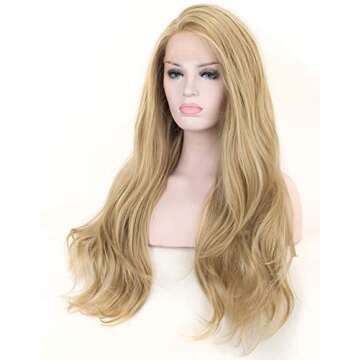 K'ryssma Natural Looking Ash Blonde Glueless Lace Front Wig Long Wavy Half Hand Tied Replacement Syn...