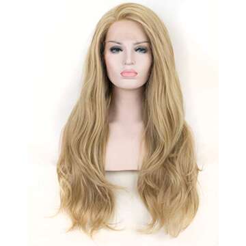K'ryssma Natural Looking Ash Blonde Glueless Lace Front Wig Long Wavy Half Hand Tied Replacement Synthetic Hair Full Wigs Heat Resistant For Women 22 Inches