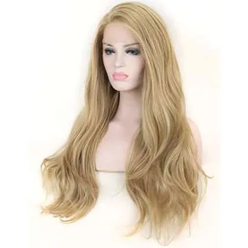 K'ryssma Natural Looking Ash Blonde Glueless Lace Front Wig Long Wavy Half Hand Tied Replacement Synthetic Hair Full Wigs Heat Resistant For Women 22 Inches