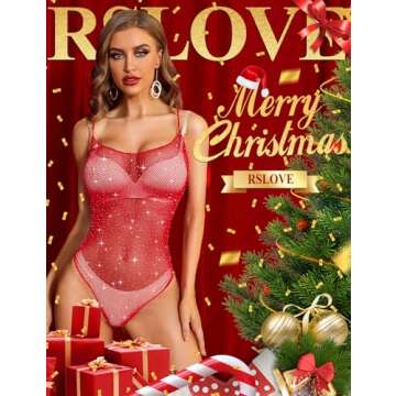 RSLOVE Women Lingerie Fishnet Teddy Sparkle Rhinestone One Piece Mesh Bodysuit Mini Babydoll Red