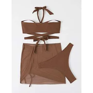 Milumia Women's 3 Piece Halter Swimsuits with Ruched Skirt Set