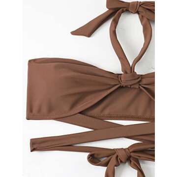 Milumia Women's 3 Piece Halter Swimsuits Solid Lace Up Bikini Set with Drawstring Mesh Cover Up Skirt Coffee Brown