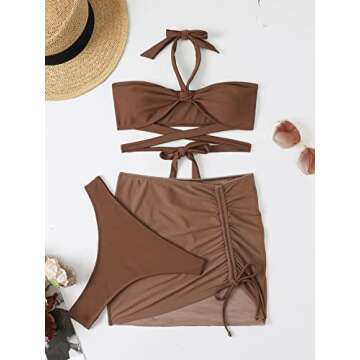 Milumia Women's 3 Piece Halter Swimsuits Solid Lace Up Bikini Set with Drawstring Mesh Cover Up Skirt Coffee Brown