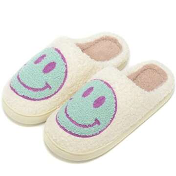Women Men Retro Fuzzy Face Slippers Retro Soft Fluffy Warm Home Non-Slip Couple Style Casual Happy Face Slippers Soft Memory Foam Fuzzy Slides Indoor Outdoor Anti-Skid Warm Cozy Foam Slide