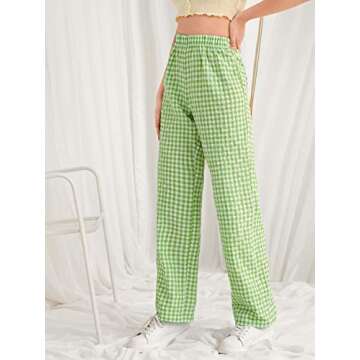 SOLY HUX Women's Casual Gingham Relaxed Fit Elastic High Waisted Straight Wide Leg Y2K Trousers Pants Lime Green S