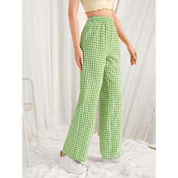 SOLY HUX Women's Casual Gingham Relaxed Fit Elastic High Waisted Straight Wide Leg Y2K Trousers Pants Lime Green S