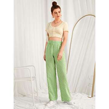 SOLY HUX Women's Casual Gingham Relaxed Fit Elastic High Waisted Straight Wide Leg Y2K Trousers Pants Lime Green S