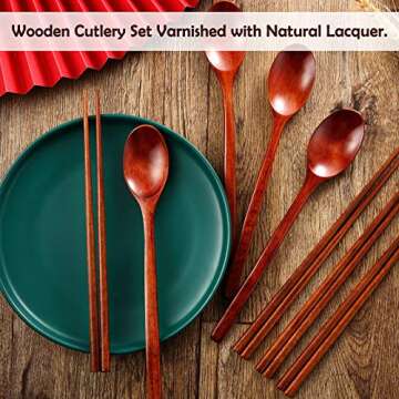 Wooden Spoon and Chopsticks Set Long Handle Spoon Chopstick Flatware Reusable Tableware Combination Utensils for Eating Food, 9.3 Inch (12)