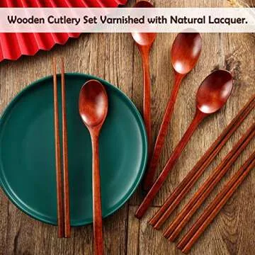 Wooden Spoon and Chopsticks Set Long Handle Spoon Chopstick Flatware Reusable Tableware Combination Utensils for Eating Food, 9.3 Inch (12)