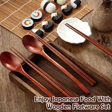 Wooden Spoon and Chopsticks Set Long Handle Spoon Chopstick Flatware Reusable Tableware Combination Utensils for Eating Food, 9.3 Inch (12)