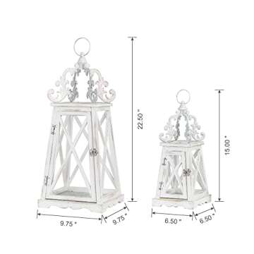 Glitzhome Farmhouse Decorative Wood Candle Lanterns Vintage Decorative Bird Cage Candle Holders Set of 2 Distressed Hanging Lanterns Rustic Lantern Decor for Wedding Garden, Wash White, No Glass