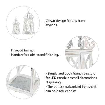 Glitzhome Farmhouse Decorative Wood Candle Lanterns Vintage Decorative Bird Cage Candle Holders Set of 2 Distressed Hanging Lanterns Rustic Lantern Decor for Wedding Garden, Wash White, No Glass