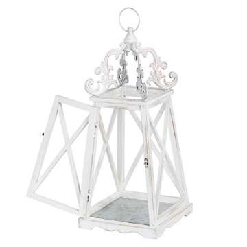 Glitzhome Farmhouse Decorative Wood Candle Lanterns Vintage Decorative Bird Cage Candle Holders Set of 2 Distressed Hanging Lanterns Rustic Lantern Decor for Wedding Garden, Wash White, No Glass