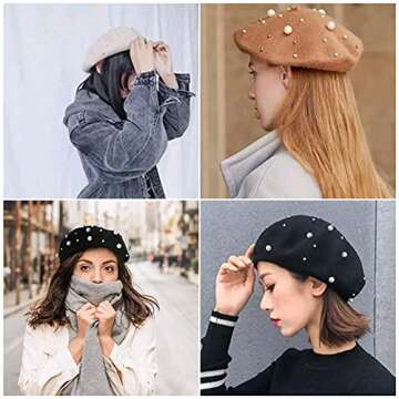 RARITYUS Women Fashion Cute Wool French Artist Beret Hat Warm Beanie Cap Headwear with Small Rainbow Pom Pom for Party