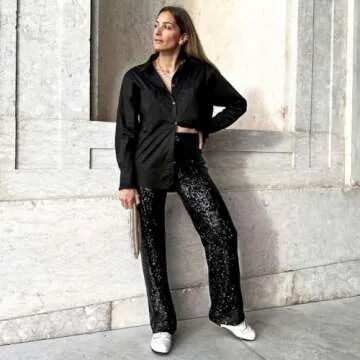 ODIZLI Black Women Sequin Wide Leg Pants Glitter Sparkle Dance Pants Women Sequence Pants for Ladies Sparkly Black Pants Dance Disco Costume Clubwear Party Bell Bottom Leggings Black S