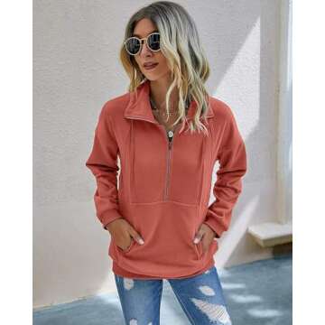 PRETTYGARDEN Women's Casual Long Sleeve Lapel Zipper Sweatshirt Drawstring Loose Pullover Tops (Oran...