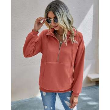 PRETTYGARDEN Women's Casual Long Sleeve Lapel Zipper Sweatshirt Drawstring Loose Pullover Tops (Orange Red, Medium)