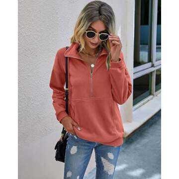 PRETTYGARDEN Women's Casual Long Sleeve Lapel Zipper Sweatshirt Drawstring Loose Pullover Tops (Orange Red, Medium)