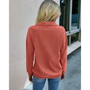 PRETTYGARDEN Women's Casual Long Sleeve Lapel Zipper Sweatshirt Drawstring Loose Pullover Tops (Orange Red, Medium)