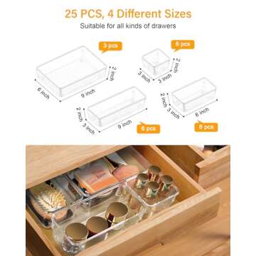 LUSCREAL 25 PCS Plastic Drawer Storage, 4 Sizes Clear Drawer Organizers, Versatile Drawer Dividers f...