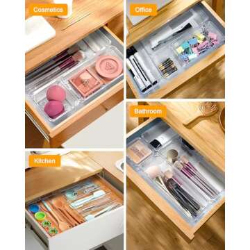 LUSCREAL 25 PCS Plastic Drawer Storage, 4 Sizes Clear Drawer Organizers, Versatile Drawer Dividers for Bathroom, Vanity, Makeup, Utensil, Kitchen and Office