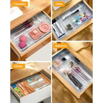 LUSCREAL 25 PCS Plastic Drawer Storage, 4 Sizes Clear Drawer Organizers, Versatile Drawer Dividers for Bathroom, Vanity, Makeup, Utensil, Kitchen and Office