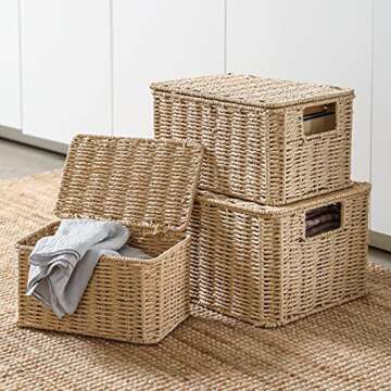 Motifeur Hand-woven Paper Rope Baskets With Lids, Multi-purpose Stackable Utility Organizers (Set of 3, Large 12.6"x9.8"x7.3", Medium 11.8"x7.9"x6.3", Small 9.8"x5.9"x5.5", Natural/Beige)