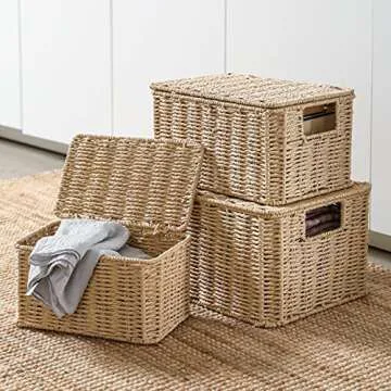 Motifeur Hand-woven Paper Rope Baskets With Lids, Multi-purpose Stackable Utility Organizers (Set of 3, Large 12.6"x9.8"x7.3", Medium 11.8"x7.9"x6.3", Small 9.8"x5.9"x5.5", Natural/Beige)