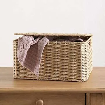 Motifeur Hand-woven Paper Rope Baskets With Lids, Multi-purpose Stackable Utility Organizers (Set of 3, Large 12.6"x9.8"x7.3", Medium 11.8"x7.9"x6.3", Small 9.8"x5.9"x5.5", Natural/Beige)