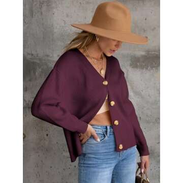 ANRABESS Women Cardigan Sweaters 2024 Fall Oversized Button Open Front Knit Lightweight Cardigans Fall Outfits Outerwear Burgundy Small