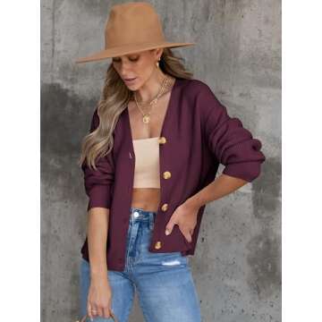 ANRABESS Women Cardigan Sweaters 2024 Fall Oversized Button Open Front Knit Lightweight Cardigans Fall Outfits Outerwear Burgundy Small
