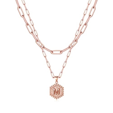 M MOOHAM Rose Gold Layering Initial Necklaces for Women - Cute Hexagon Letter Initial M Necklace Cho...