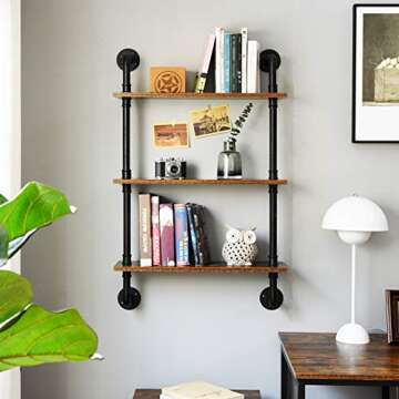 IBUYKE Industrial Pipe Shelves, Pipe Floating Shelves, Rustic Wall Mount Bookcase, 3-Tiers, 23.6" Me...