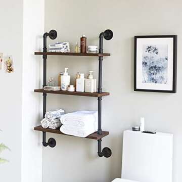 IBUYKE Industrial Pipe Shelves, Pipe Floating Shelves, Rustic Wall Mount Bookcase, 3-Tiers, 23.6" Metal Bracket Storage Wall Shelf for Bedroom, Kitchen, Living Room, Bathroom RF-TM003