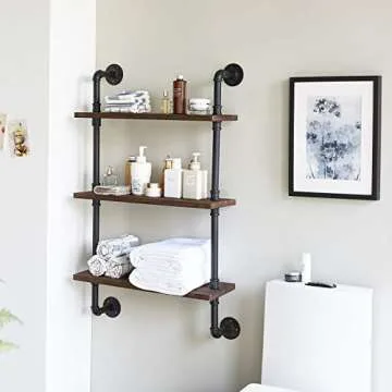 IBUYKE Industrial Pipe Shelves, Pipe Floating Shelves, Rustic Wall Mount Bookcase, 3-Tiers, 23.6" Metal Bracket Storage Wall Shelf for Bedroom, Kitchen, Living Room, Bathroom RF-TM003